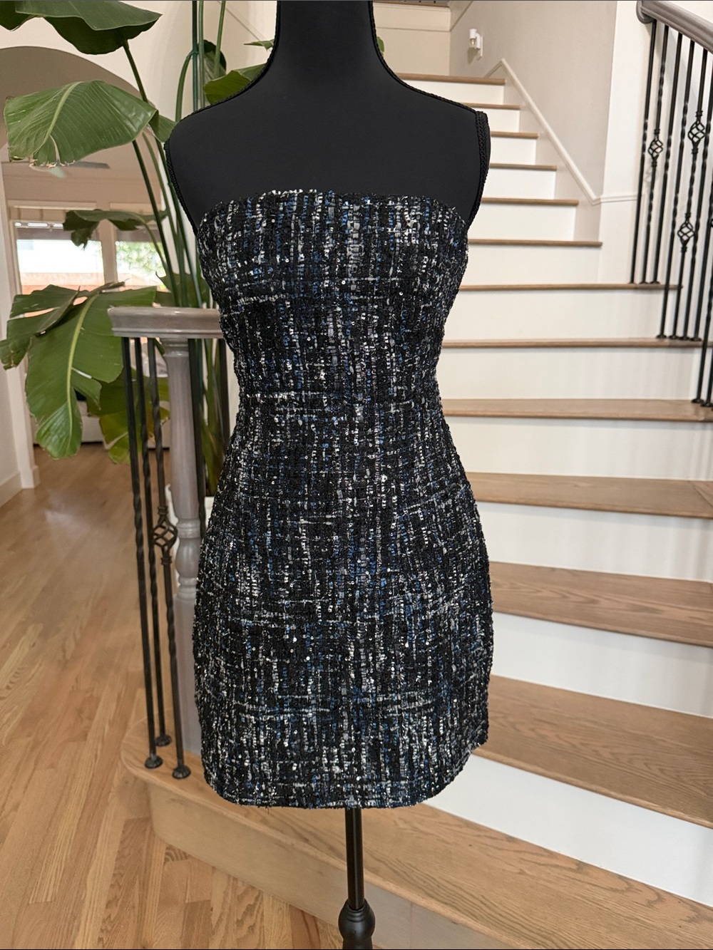 Superdown REVOLVE Strapless Tweed Mini Dress in Black & Blue (medium)